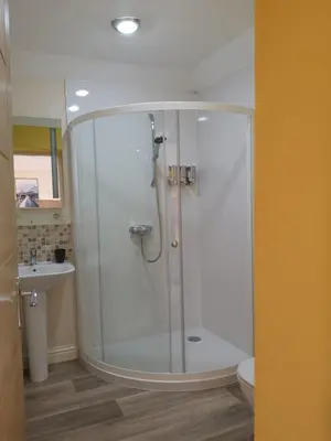 a shower in a bathroom with a toilet and a sink at Forest View Guesthouse, Kinlochleven WHW in Kinlochmore
