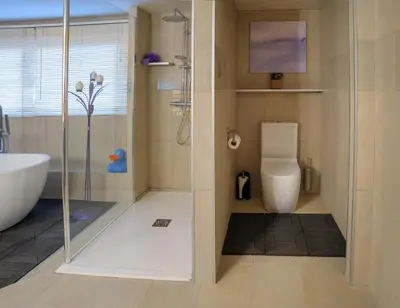 a bathroom with a shower and a toilet at The Retreat Tranquil Countryside Apartment in Larkhall