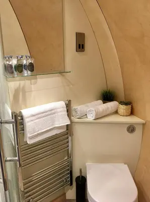 a bathroom with a toilet and towels on a shelf at Cardross Estate Glamping Pods in Stirling