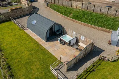 an aerial view of a tent in a yard at Thistle Pod Farm Stay with Hottub Sleeps 2 in Galston