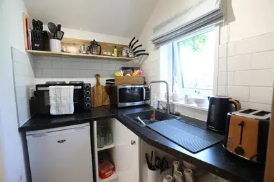 a kitchen with a sink and a microwave at Garden Studio in Biggar in Biggar