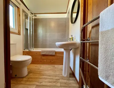 a bathroom with a sink and a toilet and a tub at Musselshell Lodge in Otter Ferry