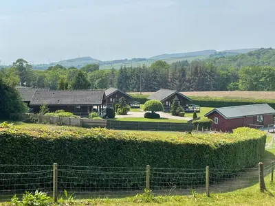 a group of houses in a field with a fence at Wellsfield Farm Holiday Lodges in Stirling
