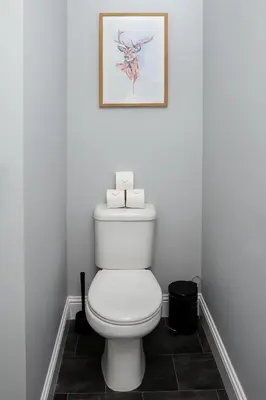 a bathroom with a toilet with a picture on the wall at St Andrews Guest House in Irvine