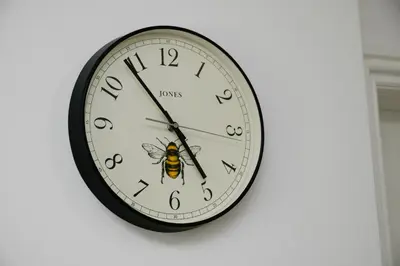 a clock with a bee on it hanging on a wall at No 8 Westbay Apartment in Oban