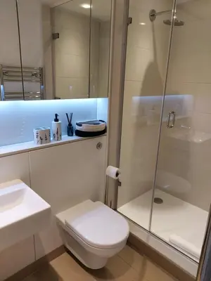 a bathroom with a toilet and a glass shower at Quartermile Luxury Landing Apartment in Edinburgh