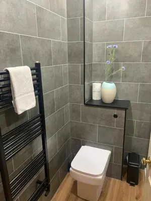 a bathroom with a toilet and a vase on a shelf at Stockbridge Two Bedroom Apartment in Edinburgh