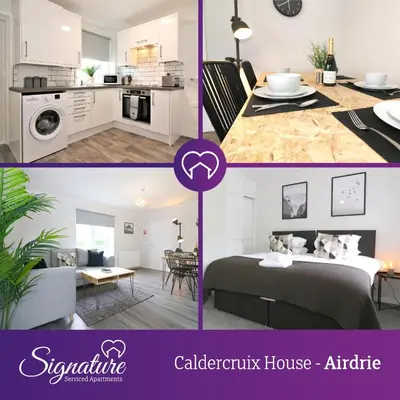 a collage of two pictures of a white apartment at Signature - Caldercruix House in Caldercruix