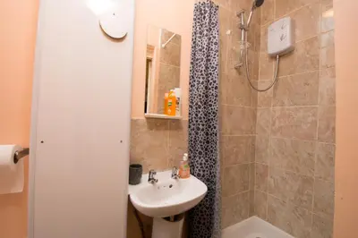 a bathroom with a sink and a shower at 7 Bedroom Townhouse in Edinburgh