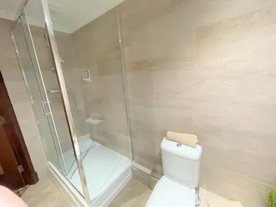 a bathroom with a shower and a white toilet at Dalgarven spa venue in Kilwinning