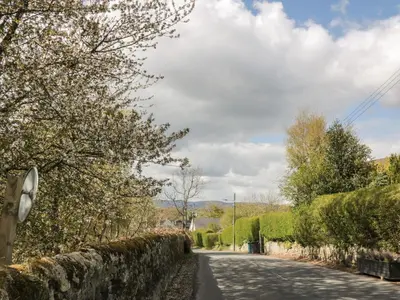 an empty road with a stone wall and trees at Blackbrae Cabin in Coatbridge