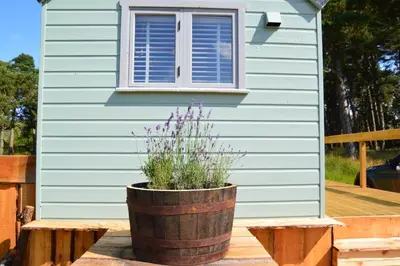 a house with a flower pot in front of it at Corriemuckloch Unique Huts in Dunkeld