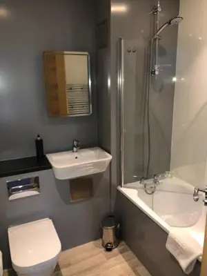 a bathroom with a toilet and a sink and a shower at Loch Lomond Hotel in Balloch
