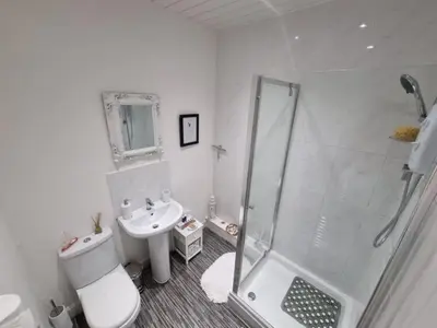 a bathroom with a shower and a toilet and a sink at Rose Apartment 2-Bed Apt Sleeps 4 Town Centre Ayr in Ayr