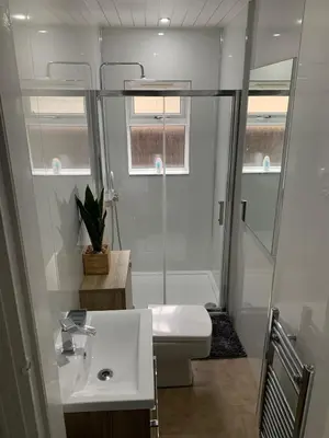a bathroom with a shower and a toilet and a sink at Woodvale Flat, Renton, Loch Lomond in Renton