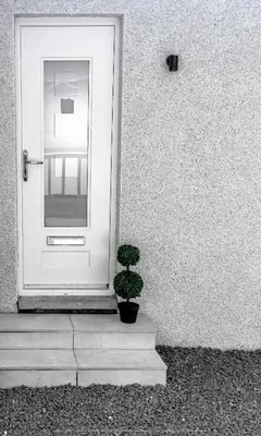 a potted plant sitting in front of a door at 1 Bed Cottage-Sleeps 2-Parking-Pets-Hot Tub in Kelty