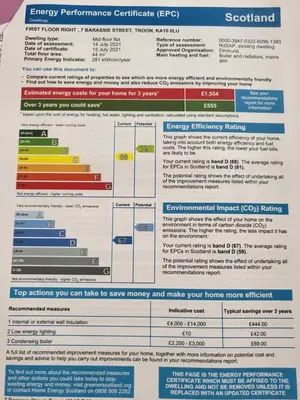 a screenshot of a document with descriptions of emergency performance certificates at Troon Beach Town Golf Apartment Troon Ayrshire in Troon