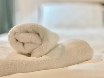 a stuffed animal sitting on top of a towel at Millerston House in Glasgow