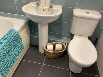 a bathroom with a toilet and a sink and a basket at Glenashdale 28 A 1/R Boyd Street Largs KA308LE in Largs