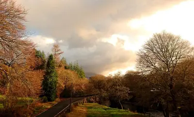 a view of a park with trees and a cloudy sky at Orchy Bank House in Dalmally