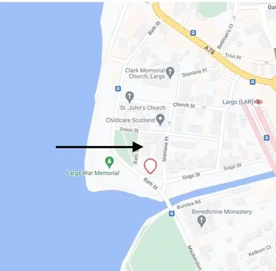 a map showing the location of a synagogue at Seaview one bedroom apartment in centre of Largs in Largs