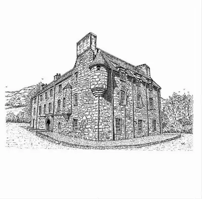a black and white drawing of a building at Menstrie Castle Stay in Stirling