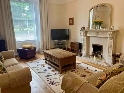 a living room with a couch and a fireplace at Allerton - Victorian Character Home in Stirling in Stirling