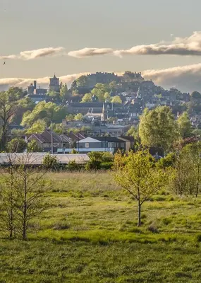 a view of a city from a field with trees at Castle View - Home from Home in Stirling
