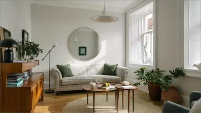 a living room with a couch and a mirror at The Dundonald Guesthouse & Cottage in Culross