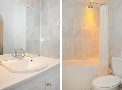 two pictures of a bathroom with a sink and a toilet at 2 Chester St in Edinburgh