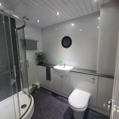 a bathroom with a toilet and a sink and a shower at Levenside Holiday Apartment, Balloch, Loch Lomond in Balloch