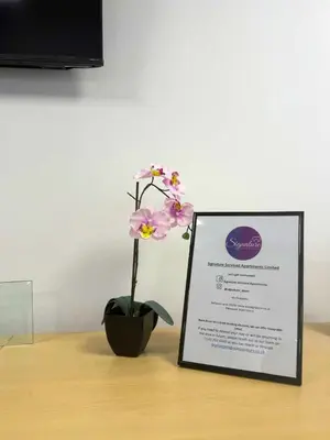a flower in a vase sitting next to a sign at Signature - North View in Cambusnethan