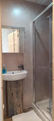 a bathroom with a sink and a shower at the CITY- Braveheart House in Edinburgh