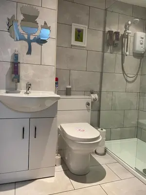 a bathroom with a toilet and a sink and a shower at Lamlash (holiday) Lets in Lamlash