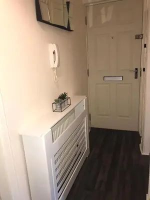 a hallway with a white door and a table with a plant on it at Vogue Apartments in Glasgow