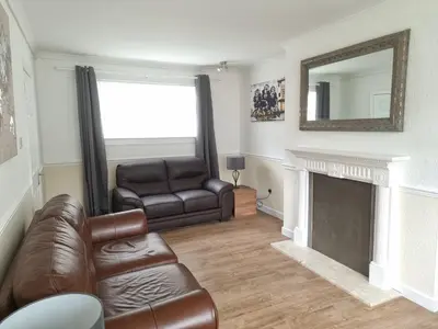 a living room with a leather couch and a fireplace at Hamilton Home From Home in Hamilton