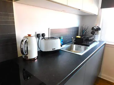 a kitchen counter with a toaster and a sink at Newly refurbished 1 bed Apt in Hamilton Close to station and local amenities in Hamilton