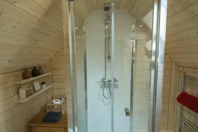 a bathroom with a shower in a wooden ceiling at 1-Bed Cabin 2 Adults Outdoor Bath & Wood Burner in Carluke