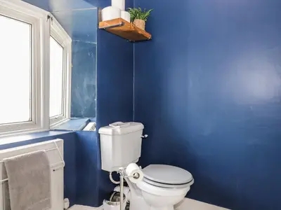 a blue bathroom with a toilet and a window at 40 Main Street in Burntisland