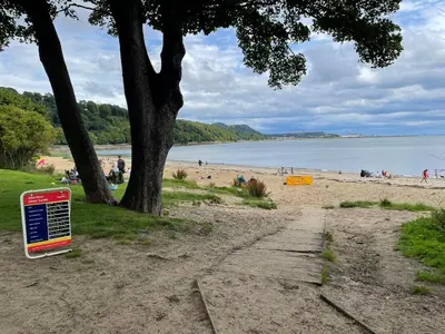 a tree and a sandy beach with people on the beach at 40 Main Street in Burntisland