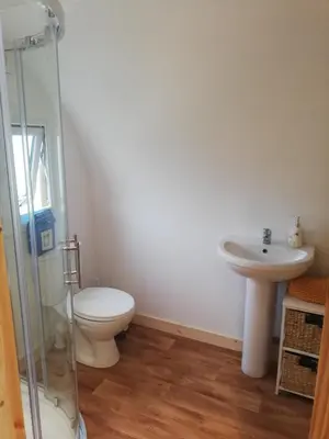 a bathroom with a toilet and a sink at The Galloway Steading- The Bee Hive Couples Retreat with Hot Tub and Fire Pit in Glenluce
