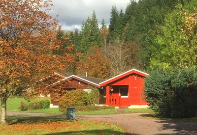 a red cabin in the middle of a forest at Pucks Glen Lodges - Cosy Lodges in a Woodland Setting in Dunoon