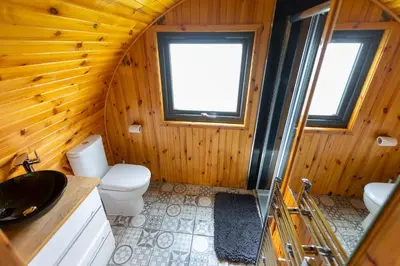 a bathroom with a toilet and a sink and a window at Fulshaw Mill Holidays in Stewarton