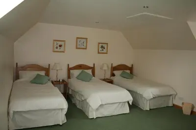 a bedroom with two beds with white sheets and blue pillows at Corehouse Farm Cottages - Dairy, Granary & Sawmill in Lanark
