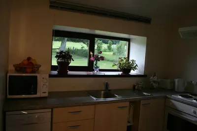 a kitchen with a sink and a microwave and two windows at Corehouse Farm Cottages - Dairy, Granary & Sawmill in Lanark