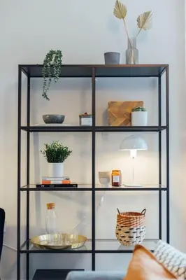a black shelf with plants and other items on it at Stylish Stirling Apartment - free parking in Stirling