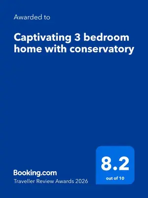 a screenshot of a phone with the text upgraded to captivating bedroom home with at Captivating 3 bedroom home with conservatory in Hamilton