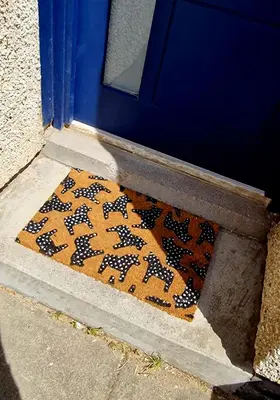 an orange and black rug on the doorstep of a door at Three Bridges Waterfront in North Queensferry