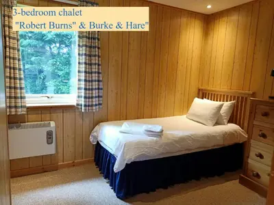 a bedroom with a bed with wooden walls and a window at Airdeny Chalets in Taynuilt