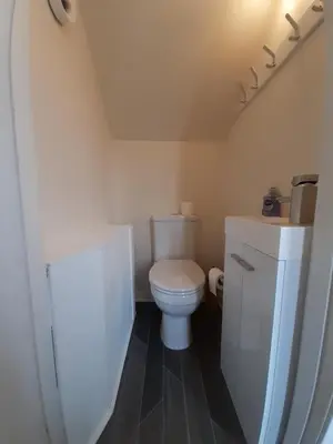 a small bathroom with a toilet and a sink at Carvetii - Zelda House - 4 bedroom house, sleeps 8 in Oakley